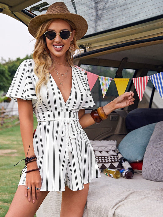 White Deep Neck Butterfly Sleeve Self Belted Striped Romper