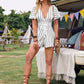 White Deep Neck Butterfly Sleeve Self Belted Striped Romper