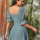 Sweetheart Neckline Puff Sleeve Ruched Detail A-line High Waist Dress