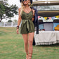 Army Green Sleeveless Button Front Self Belted Cami Romper