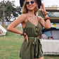 Army Green Sleeveless Button Front Self Belted Cami Romper
