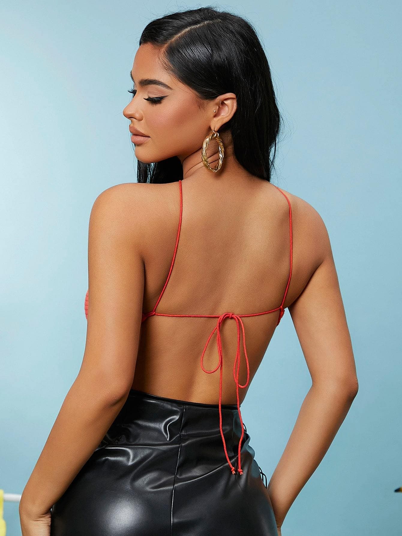 Red Tied Backless Slim Fit Sleeveless Halter Top