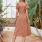 Polka Dot Flounce Sleeve Square Neck Ruched Bust Split Thigh Dress