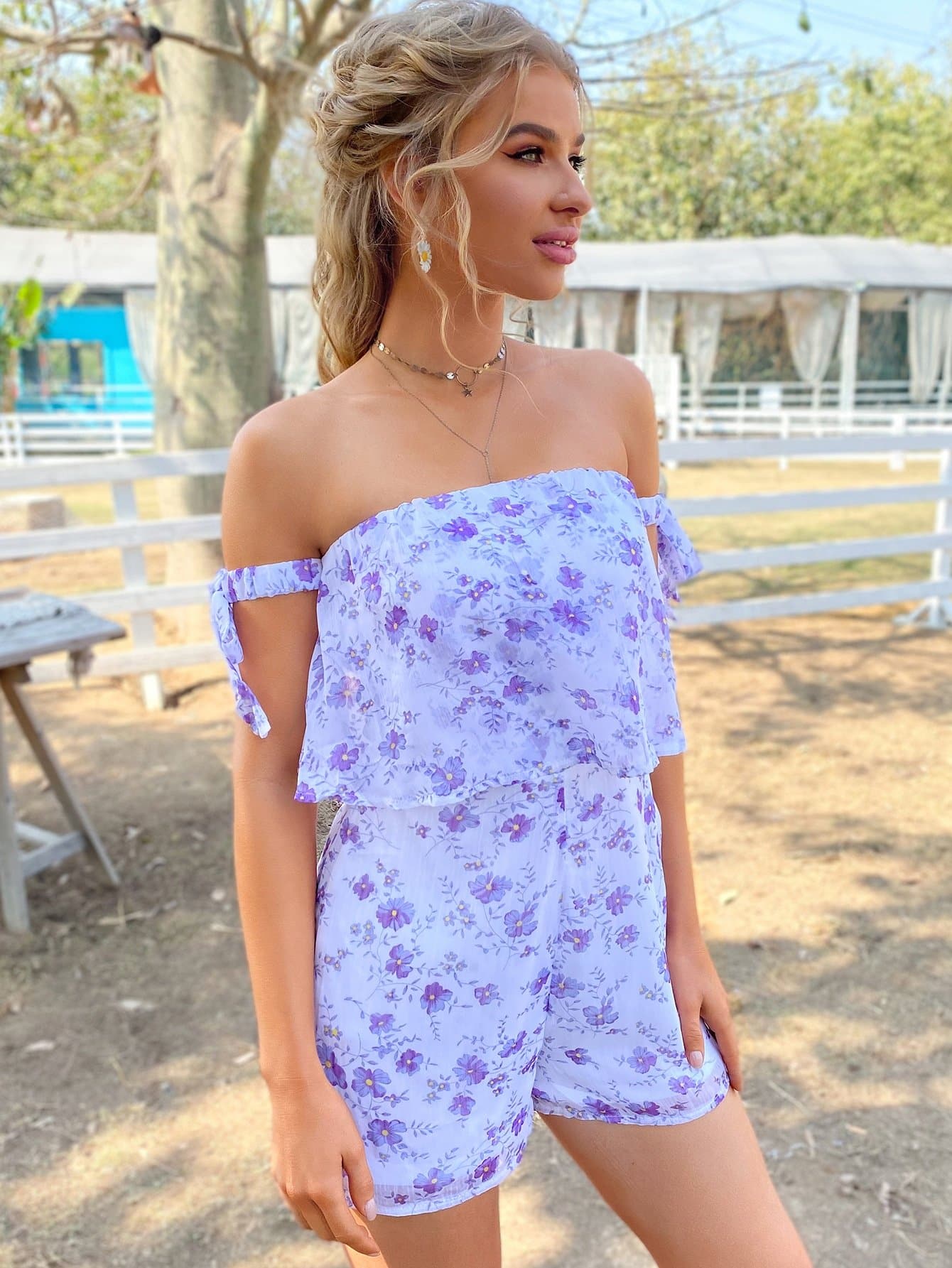 Purple Off Shoulder Floral Print Bardot Romper
