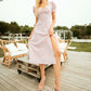 Puff Sleeve Sweetheart Neck Ruched Split Thigh Gingham Dress