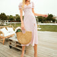 Puff Sleeve Sweetheart Neck Ruched Split Thigh Gingham Dress