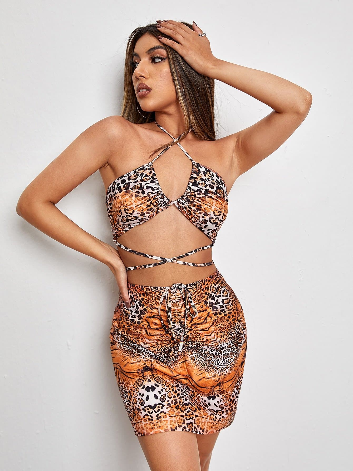 Mixed Animal Print Crisscross Tie Back Sleeveless Slim Fit Halter Top and Ruched Skirt Set