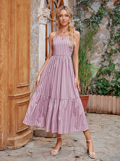 Baby Pink Sleeveless Striped Flounce Hem Cami Dress