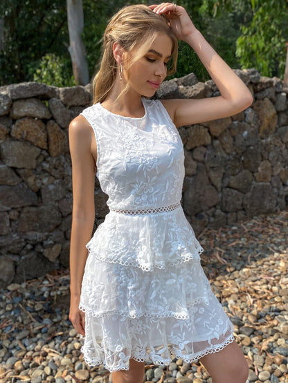 White Round Neck Sleeveless Layered Hem Embroidery Mesh Dress