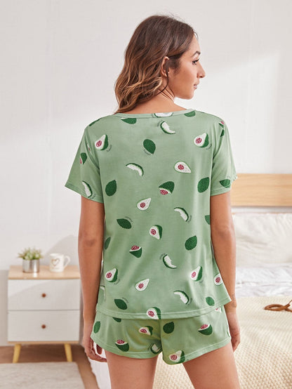 Green Round Neck Cartoon Avocado And Letter Graphic Pyjama Sleepwear Set