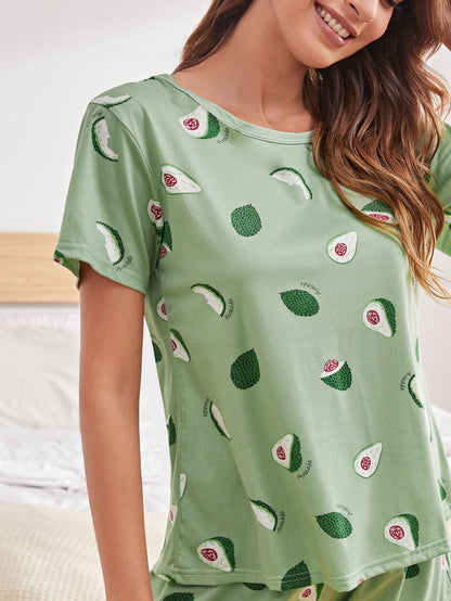 Green Round Neck Cartoon Avocado And Letter Graphic Pyjama Sleepwear Set