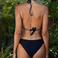Black Chevron Pom Pom Detail High Cut Backless Bikini Swimsuit