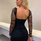 Black Square Neck Puff Sleeve Ruched Mesh Slim Fit Dress