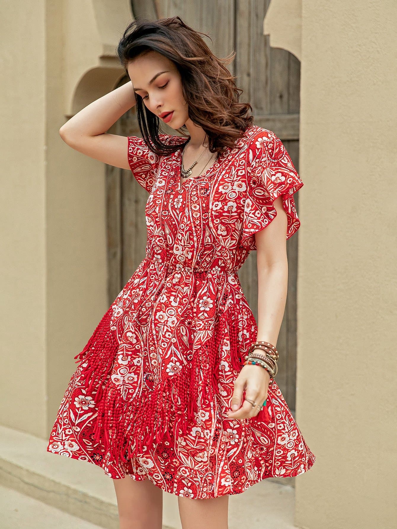 Red White V-Neck Butterfly Sleeve Floral High Waist Dress