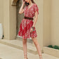 Red White V-Neck Butterfly Sleeve Floral High Waist Dress