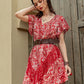 Red White V-Neck Butterfly Sleeve Floral High Waist Dress