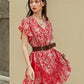 Red White V-Neck Butterfly Sleeve Floral High Waist Dress