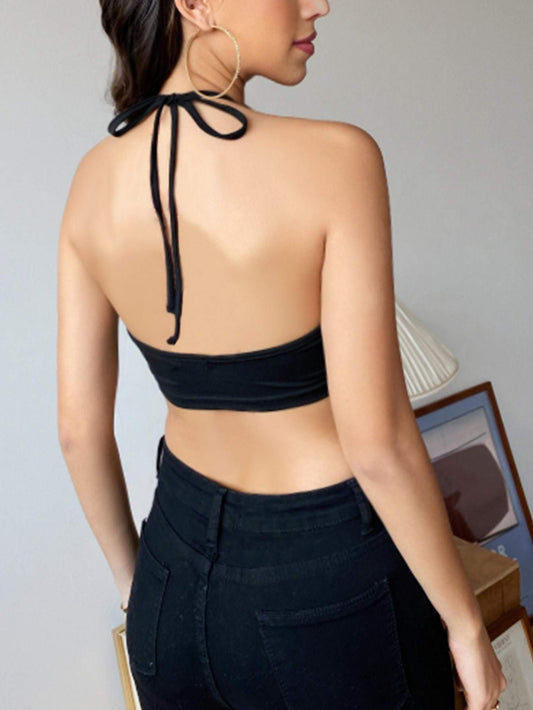Black Sleeveless Backless Asymmetrical Hem Slim Fit Halter Top