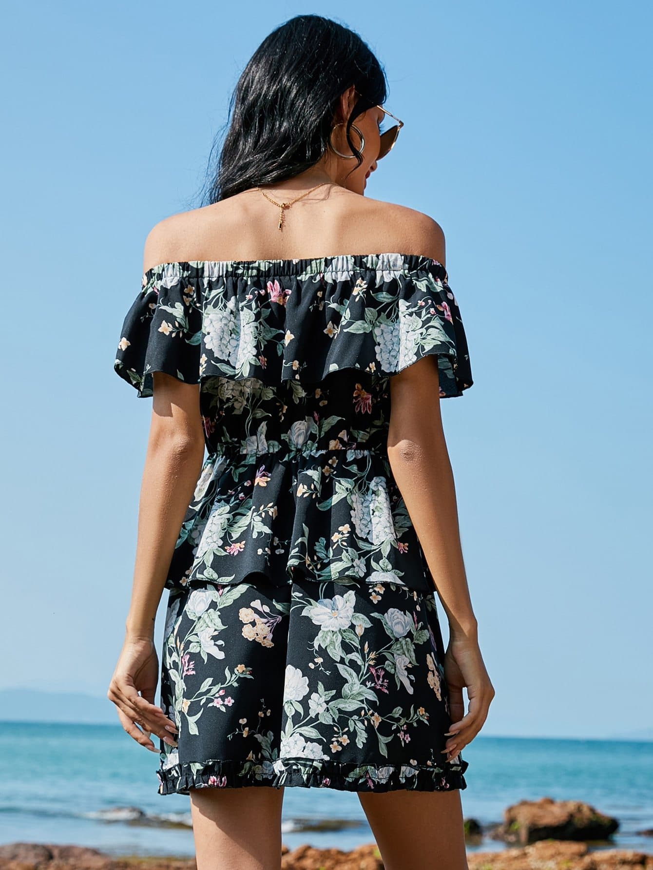 Black Off Shoulder Floral Print Ruffle Trim Dress