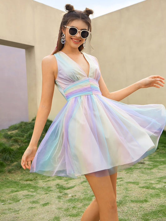 Sleeveless V-Neck Ombre Fit and Flare Mesh Dress