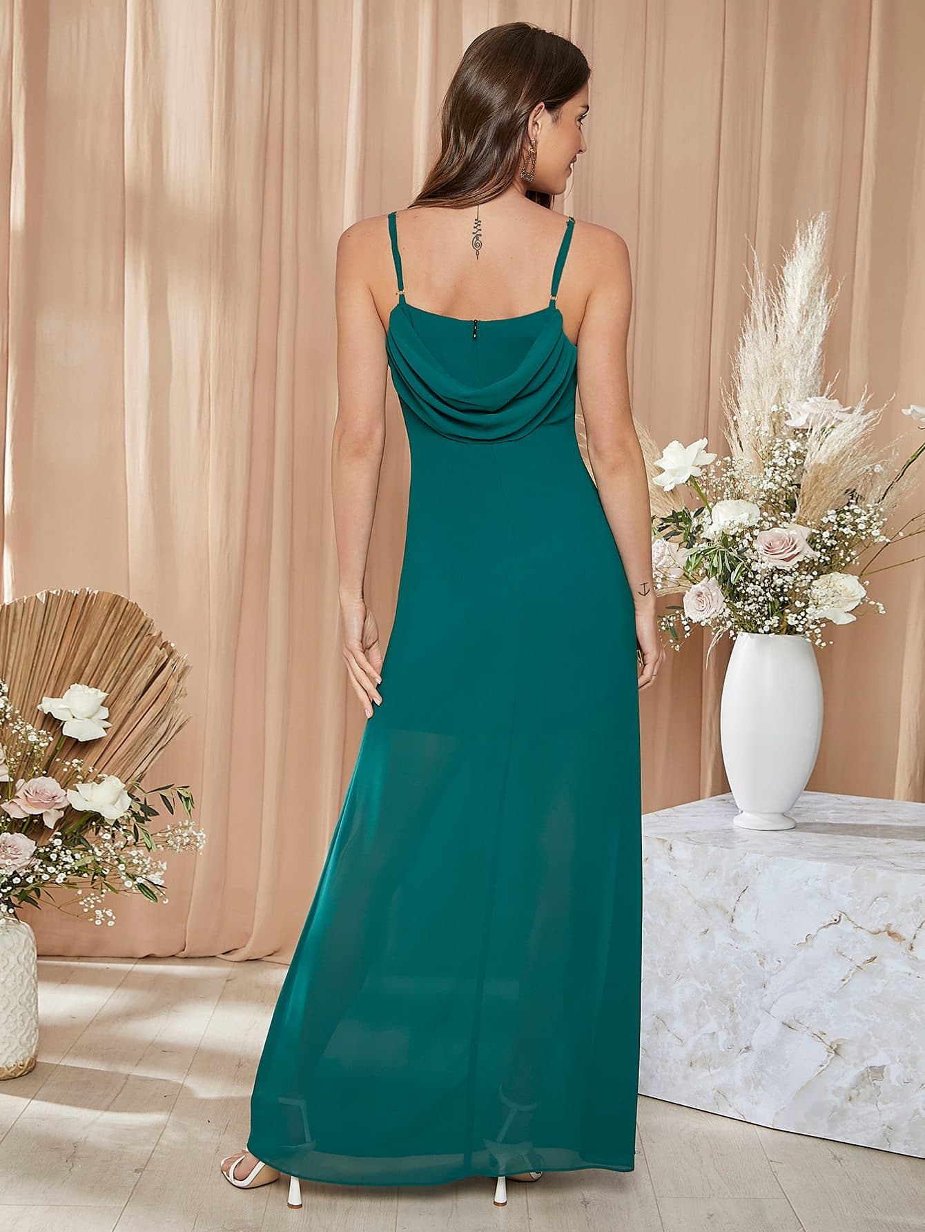 Dark Green Ruched Detail Spaghetti Strap Sleeveless Solid Halter Dress