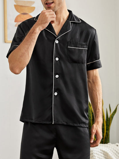 Black Contrast Piping Button Front Pyjama Sleepwear Set