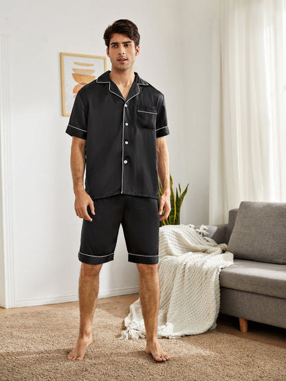 Black Contrast Piping Button Front Pyjama Sleepwear Set