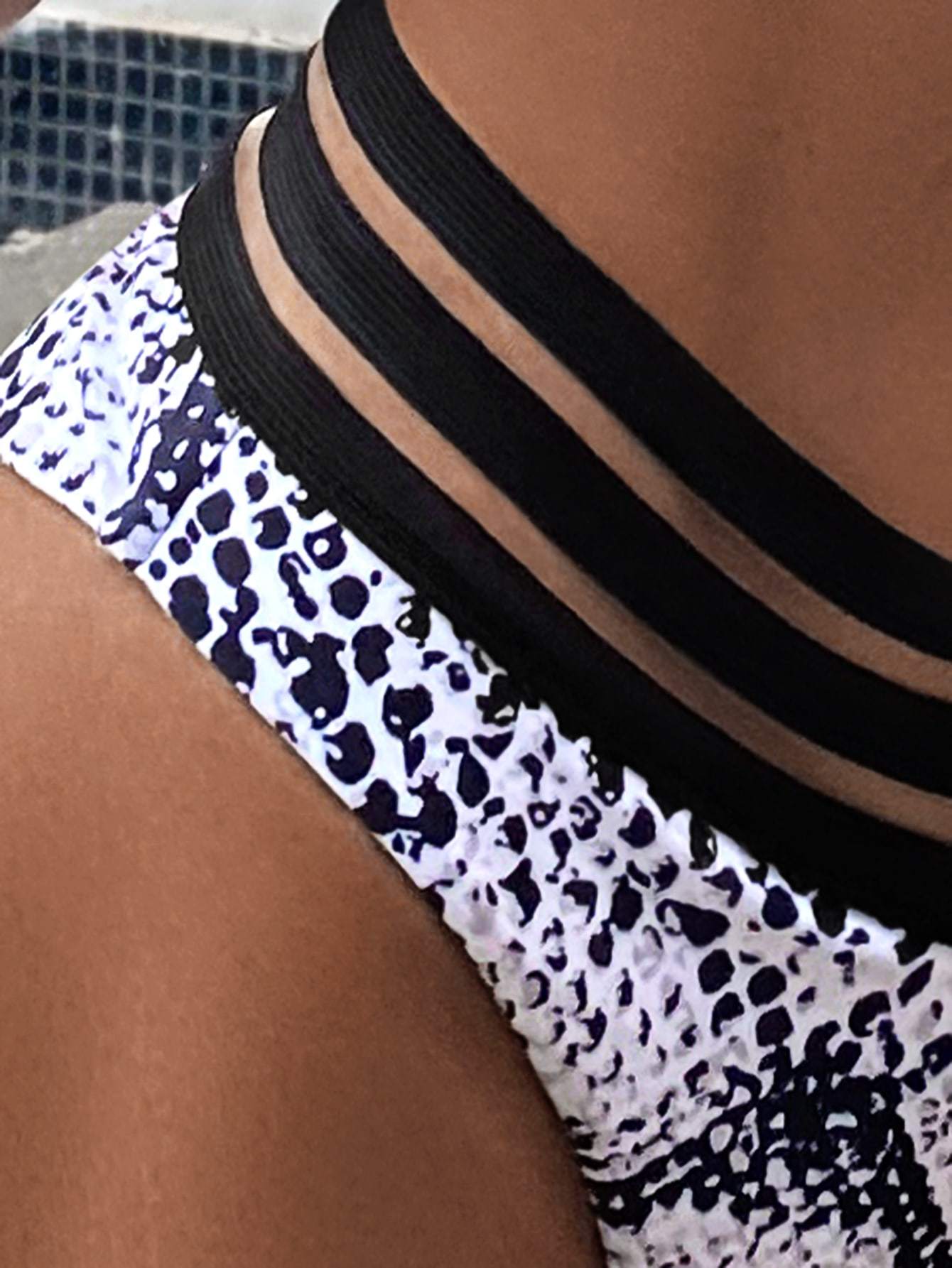 Black White Snakeskin Contrast Mesh Trim Bikini Swimsuit