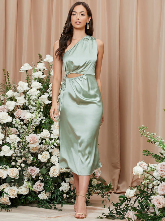 Mint Green Solid One Shoulder Sleeveless Cut Out Satin Dress