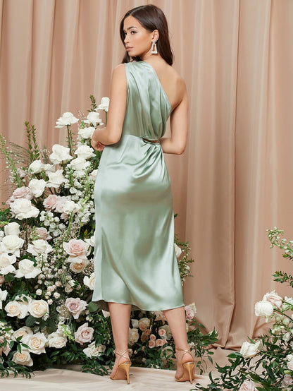 Mint Green Solid One Shoulder Sleeveless Cut Out Satin Dress