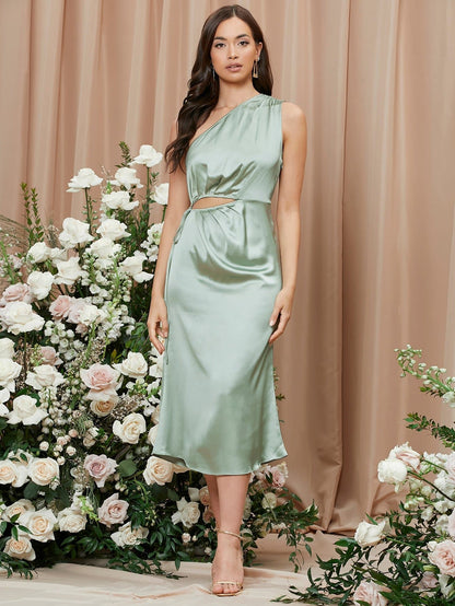 Mint Green Solid One Shoulder Sleeveless Cut Out Satin Dress