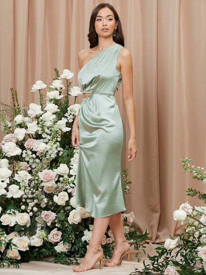 Mint Green Solid One Shoulder Sleeveless Cut Out Satin Dress