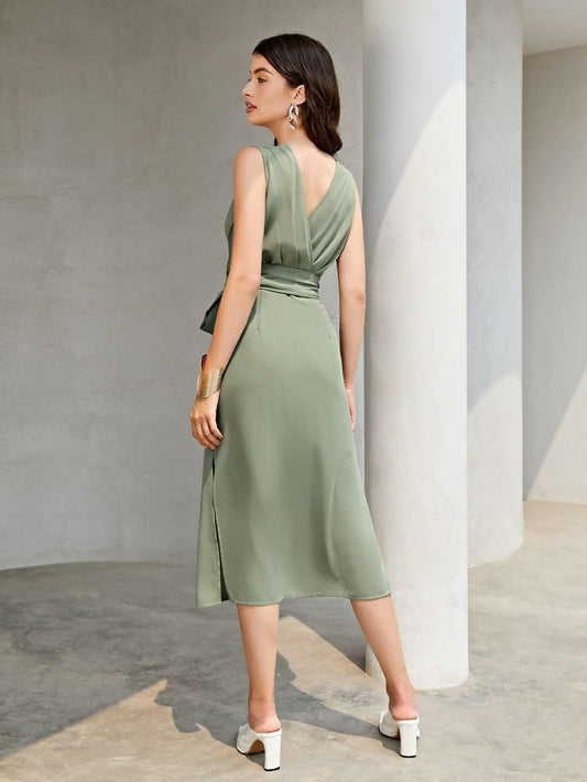 Green Surplice V-Neck Belted Split Thigh Sleeveless Dress
