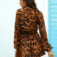 Leopard Print Deep V-Neck Bishop Sleeve Flared Hem Dress