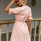 Pastel Pink V-Neck Flounce Sleeve Button Front Belted Dress