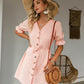 Pastel Pink V-Neck Flounce Sleeve Button Front Belted Dress