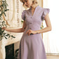 Lilac Purple Solid Button Butterfly Sleeve High Waist Dress