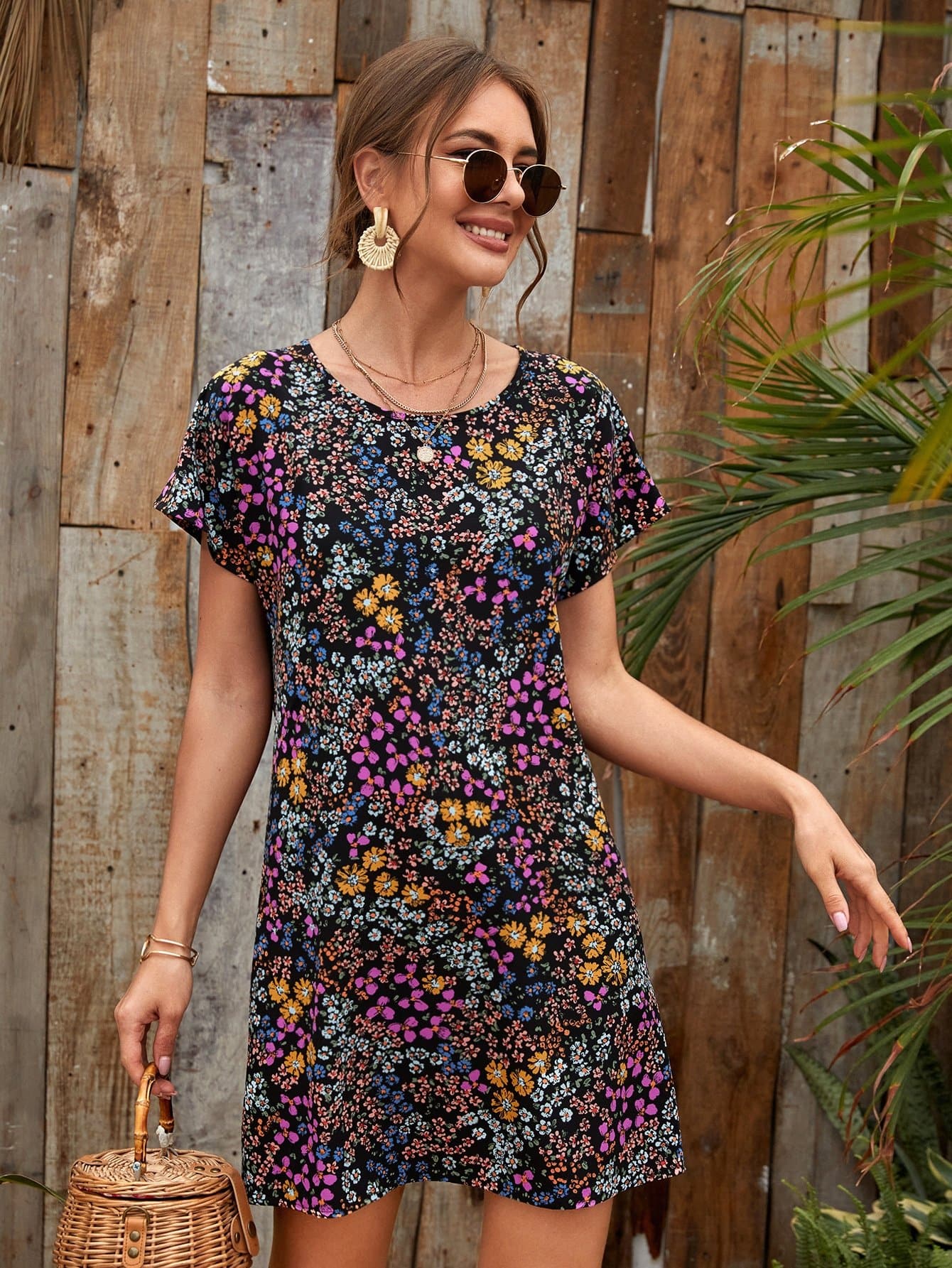 Round Neck Allover Floral Print Tunic Dress