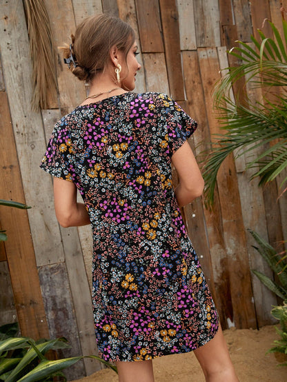 Round Neck Allover Floral Print Tunic Dress