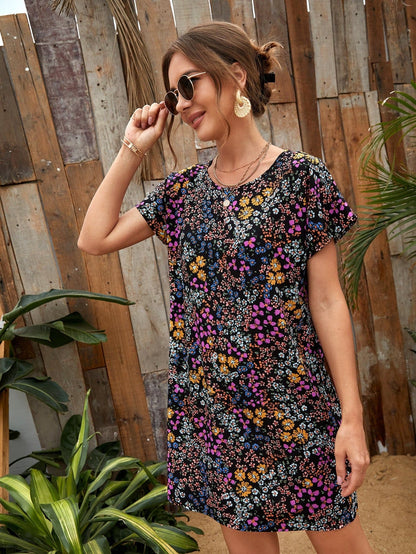 Round Neck Allover Floral Print Tunic Dress