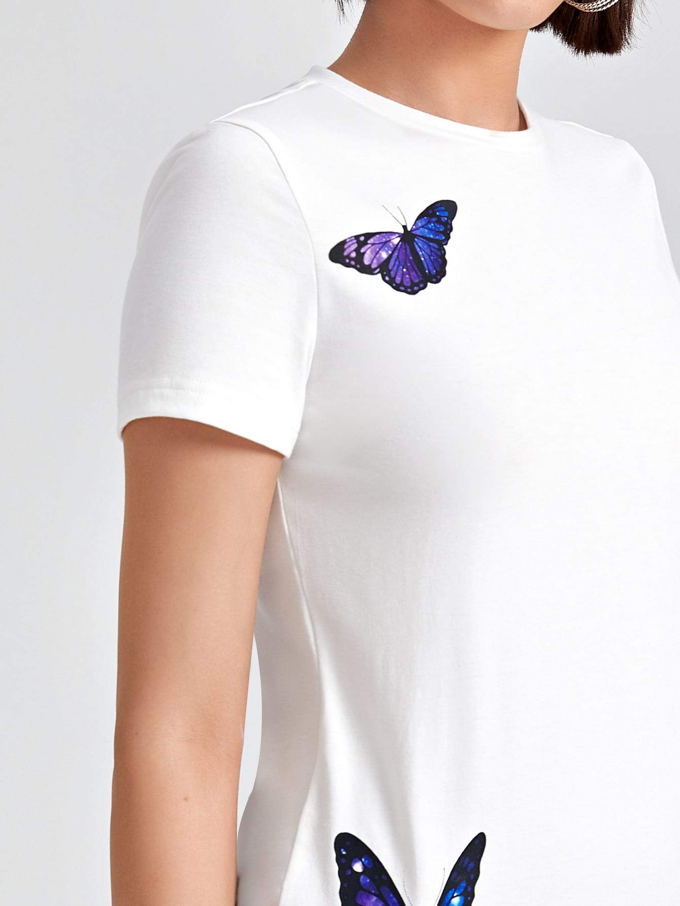 White Round Neck Butterfly Print Slim Fit Dress