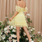 Yellow Off Shoulder Knot Front Frill Trim Swiss Dot Mesh Short Dress