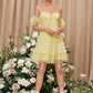 Yellow Off Shoulder Knot Front Frill Trim Swiss Dot Mesh Short Dress