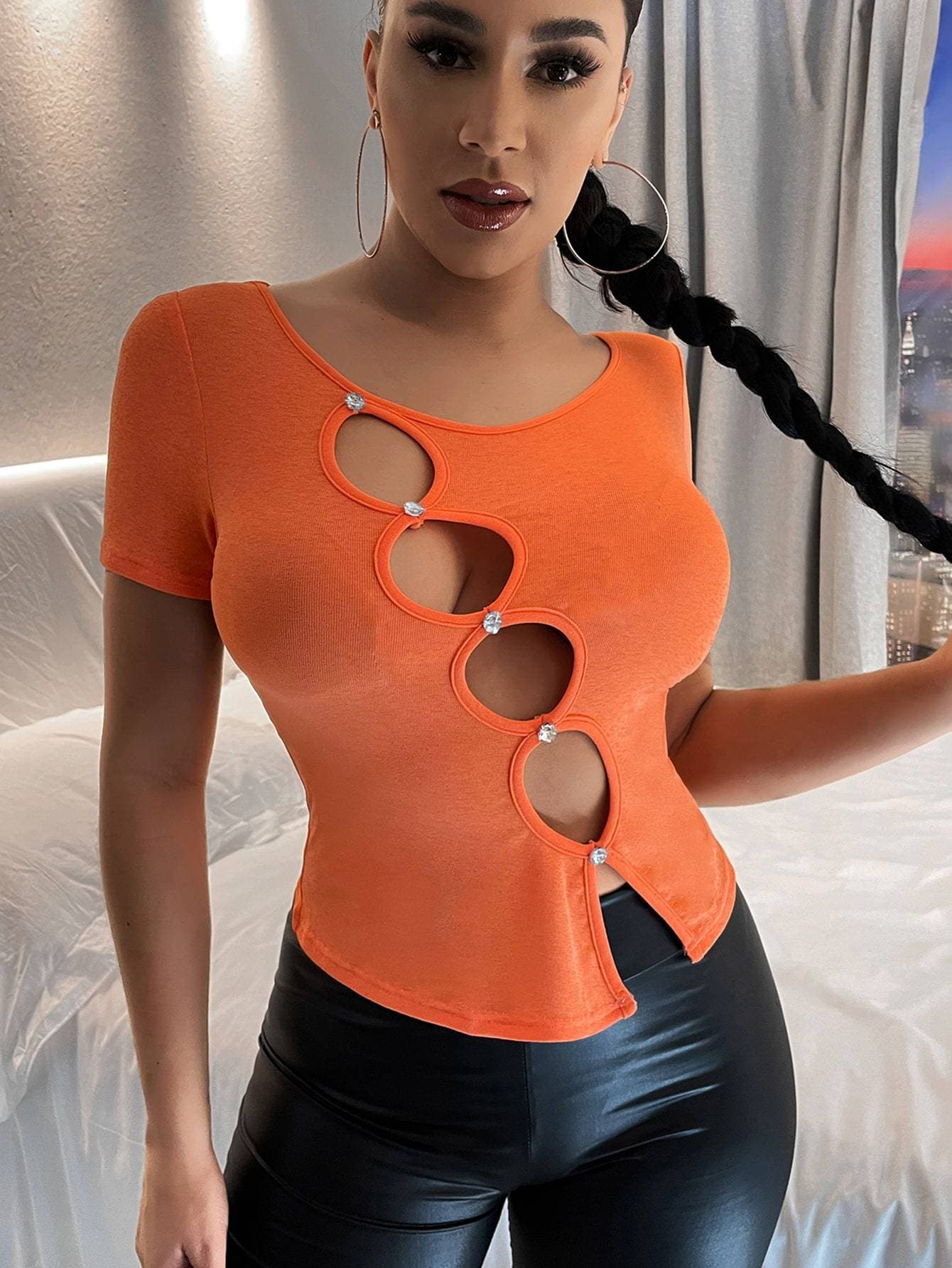 Orange Round Neck Cut Out Fitted Tee Top