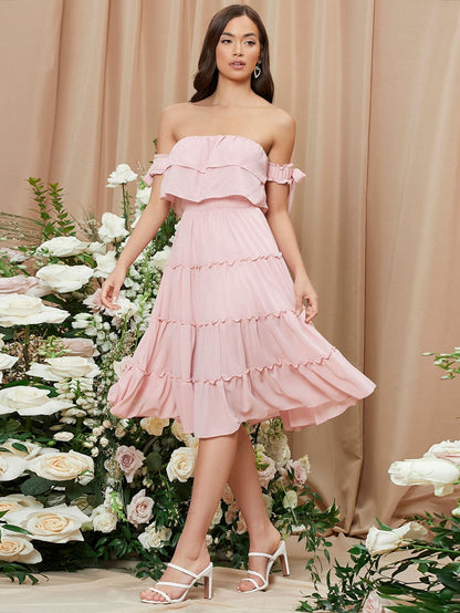 Pink Off Shoulder Sleeveless Knot Sleeve Tiered Hem Chiffon Dress Wear.Style Pink Off Shoulder Sleeveless Knot Sleeve Tiered Hem Chiffon Dress Wear.Style