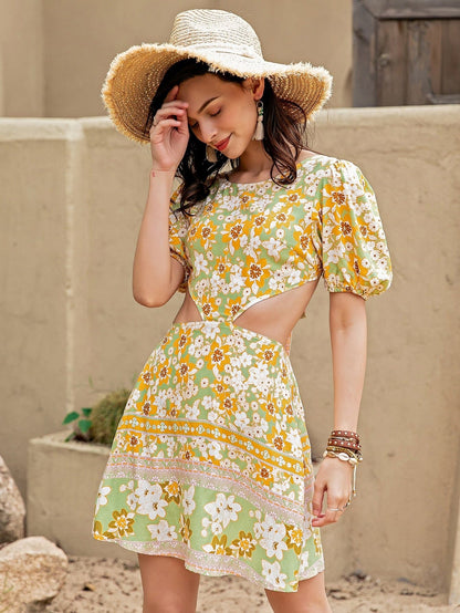 Round Neck Puff Sleeve Tied Backless Floral Mini Dress