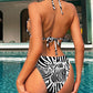 Black White Zebra Striped Pattern Halter Bikini Swimsuit