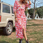 Red V-Neck Allover Floral Lace Trim Split Thigh Dress