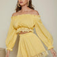 Yellow Off Shoulder Ruffle Trim Ruched Crop Top and Shorts Set