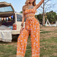 Orange Floral Print Spaghetti Strap Sleeveless Cami Top and Belted Pants